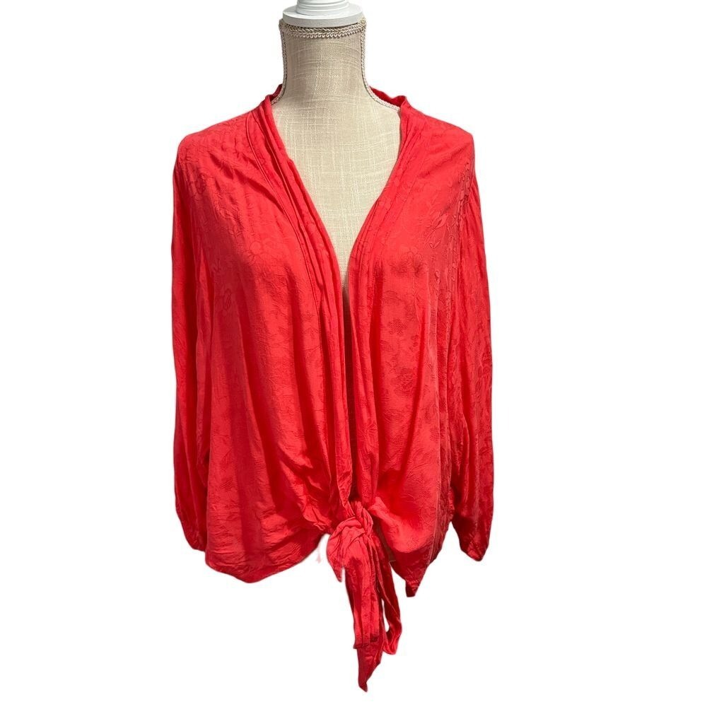 Lovestitch Kimono Top Womens S Red Floral Textured Flowy Tie Front‎ Boho Beachy
